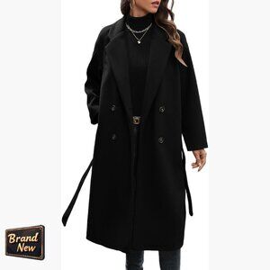 Wool Blend Double Breasted Trench Coat Notch Lapel Knee Length Belted